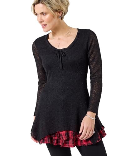 Image of Joe Browns Women's Handkerchief Hem Flared Sleeve Tie Neck Tunic Top, Regular, Black, UK 12