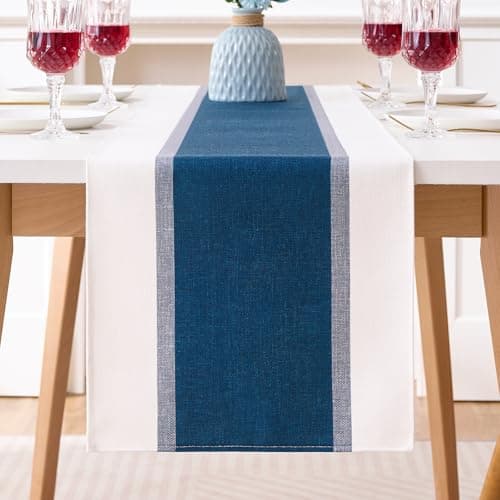 Image of Navy Blue Table Runner 40x140 Cotton Linen Farmhouse Style Modern Stripes Table Runner Outdoor Water Proof Boho For Holiday Parties Wedding Events Dinner Home Decor