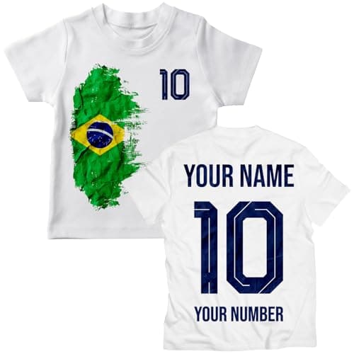 Image of lepni.me Brazil 2026 Personalised Kids' Football Fan Graphic Cotton T-Shirt, Custom Name and Number, Short Sleeve Supporters Top (5-6 Years White Multi Color)