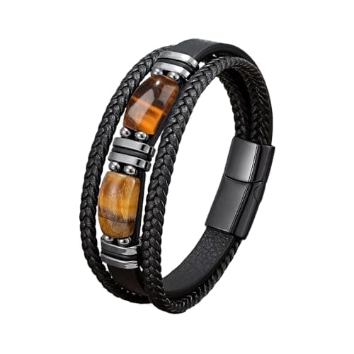 Image of JENCVNL Mens Leather Bracelet, Tiger Eye Multi-Layer Leather Woven Bracelet, Multi-Layer Rope Leathere Bracelets, Braided Tiger Eye Bracelets with Magnet Clasp Gifts for Men Boys (Black, 23)