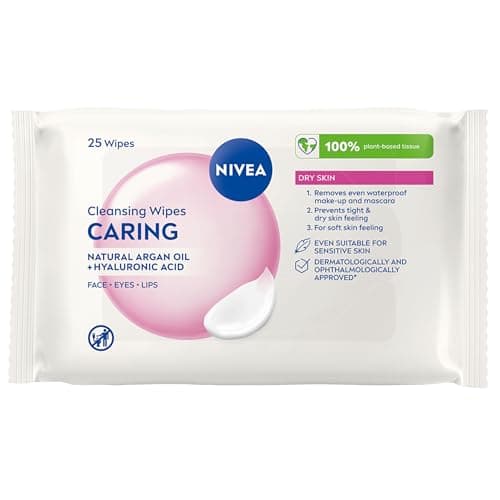 Image of NIVEA Caring 3-in-1 Cleansing Face Wipes for Dry Skin (25 Sheets), Nourishing Face Cleanser and Makeup Wipes for Gentle Yet Effective Makeup Removal,packaging may vary