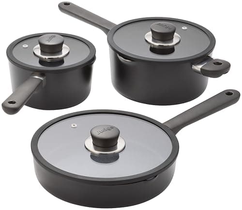 Image of Judge Vista Ceramic 3-Piece Draining Saucepan Set – 16 & 20cm Draining Pans, 24cm Frypan with Glass Lids, Ceramic Non-Stick, Stay Cool Handles, Induction & Dishwasher Safe