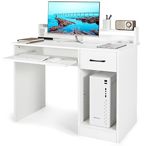 Image of SFAREST Wooden Computer Desk, PC Study Writing Desk with 5-Position Adjustable Shelf, Keyboard Tray & Drawer, Modern Laptop Gaming Workstation for Home Office (White)