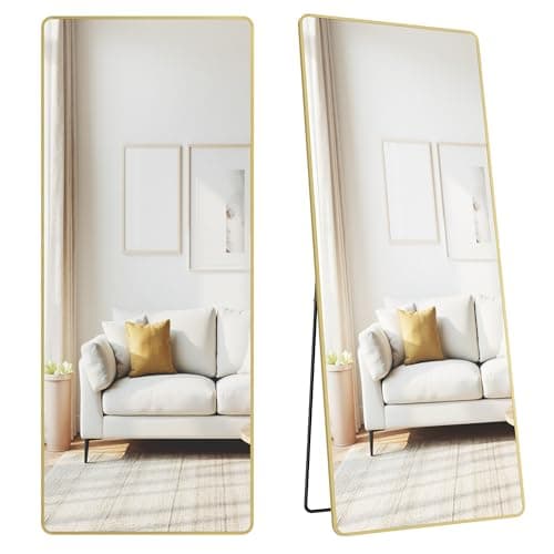 Image of SONGMICS Full Length Mirror, 165 x 60 cm, Rectangle Full Body Mirror with Stand, Aluminium Alloy Frame Floor Mirror, Tempered Glass, for Bedroom, Living Room, Cloakroom, Pale Gold LFM038AB01