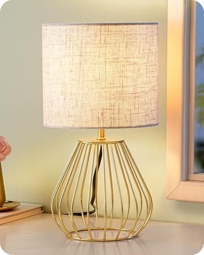Image of EDISHINE Bedside Lamp, Table Lamp with Metal Cage Base & Linen Lampshade, Modern Lamps for Living Room Bedroom, E14 Socket (Bulb Included), Teardrop Cage, Gold