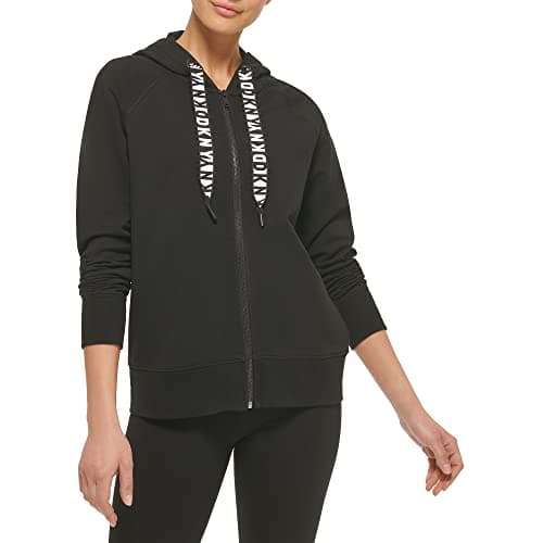 Image of DKNY Women's Logo Drawstring Zip Up Hoodie, Activewear Sweatshirt Hooded, Black, Medium