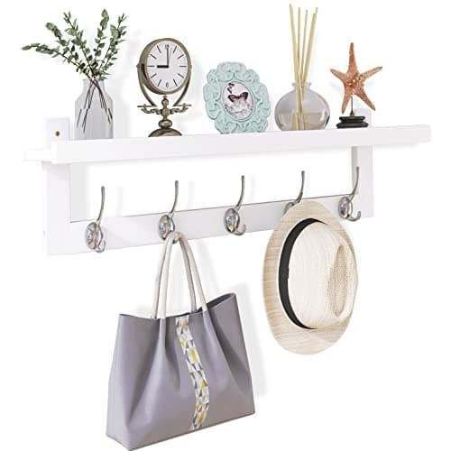 Image of SMIBUY Coat Hooks with Shelf Wall-Mounted, 74 cm Entryway Coat Rack for Wall, Bamboo Hanging Shelf with 5 Double Metal Hooks for Bathroom, Bedroom, Kitchen, Living Room, Mudroom (White)