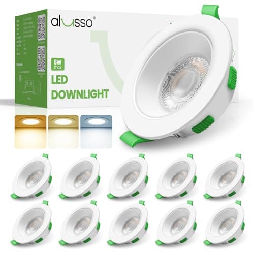 Image of ALUSSO LED Slim Downlights Dimmable 4W 6W 8W Selectable Recessed Ceiling Lights, 3CCT 3000K Warm 4000K Neutral 6500K Cool Adjustable IP44 Spotlights for Bathroom Kitchen, White, 10 Pack