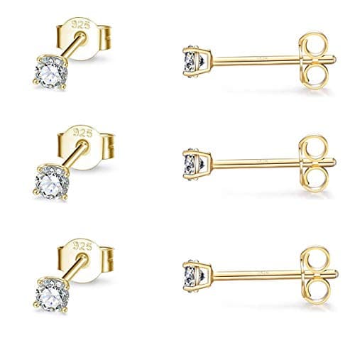 Image of Gulicx 3 Pairs 2mmSilver 14K Gold Stud Earrings Set for Women Girls, Hypoallergenic 925 Stering Silver Round Cubic Zirconia Simulated Diamond Stud Earrings, Small Sleeper Cartilage Studs
