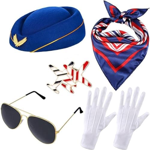 Image of 5PCS Blue Airline Stewardess Costume Accessories Set Cosplay Outfit Flight Hat Sunglasses Scarf Gloves Brooches for Party Cosplaying