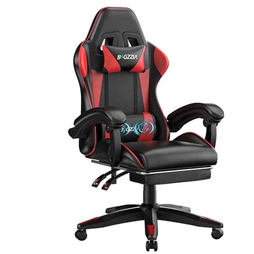 Image of bigzzia Gaming chair with massage function, ergonomic gamer chair with footrest, headrest, lumbar cushion, height adjustment, tilt 90°-155°, gaming chair for gaming, work, relaxation (Red)