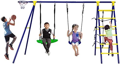 Image of Maxmass Kids Swing Set, 5-in-1 Metal Outdoor Swing Frame with Saucer Swing, Plastic Swing, Basketball Hoop, Climbing Net & Climbing Ladder, Backyard Playground Garden Play Toy for Children Toddlers