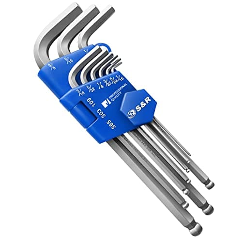 Image of S&R Allen Keys, Hex Keys Ball End, Set HX. 9-Pieces. 1/16-3/8 inch, Long, in Plastic Clip. Professional Quality