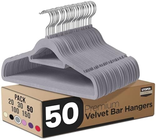Image of Utopia Home Pack of 50 Velvet Suit Hangers with Tie Bar - Heavy Duty Non-Slip Premium Hangers for Adult Clothes - 360 Degree Swivel Hook, Grey