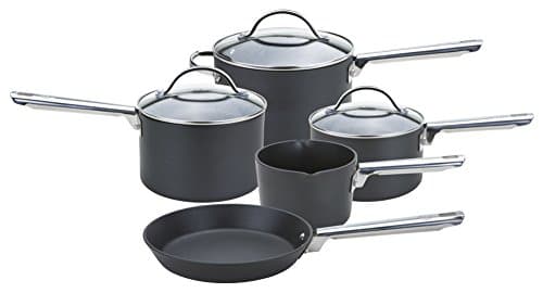 Image of Anolon Professional Non Stick Pots and Pans Set of 5 - Cookware Set with Milkpan, Saucepans with Toughened Glass Lids & Frying Pan, Oven & Dishwasher Safe Cookware, Black