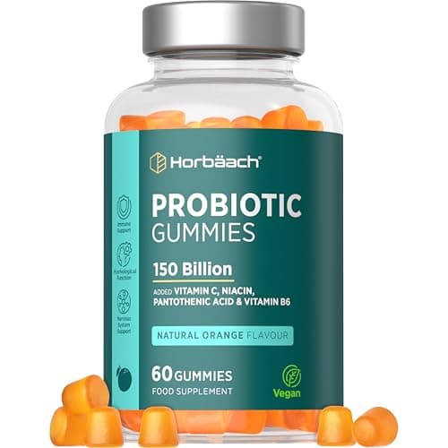 Image of Probiotic Gummies | 150 Billion Friendly Bacteria Per Bottle | Happy Gut | Multi-Strain | 2.5 Billion x 60 Orange Flavour Gummies | for Men & Women | Vegan | 60 Count | By Horbaach