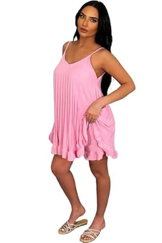Image of House of Sehrish Women's Pleated Ruffle Frilly Shorts and Co Ord Set (One Set 6-14) Cami Set (Baby Pink, One Size (6-14))