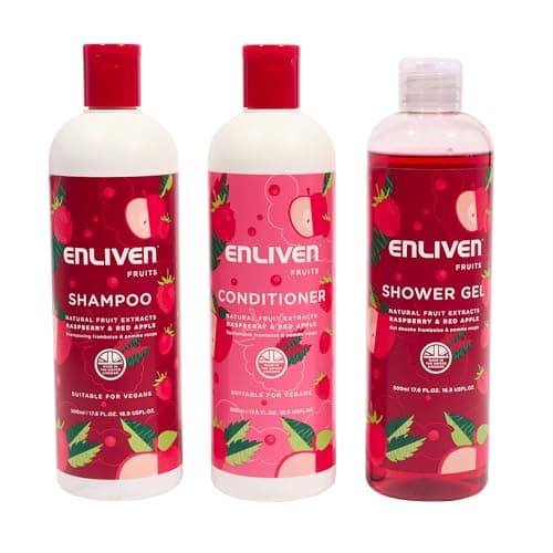 Image of Enliven Naturals Raspberry & Apple Shower Gel, Shampoo & Conditioner Bundle - 500ml x 3 - Bath Set - Shampoo and Conditioner Sets - UK Produced & Suitable for Vegans