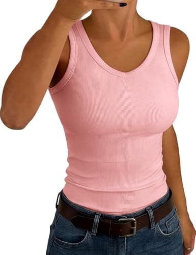Image of Aottori Womens Tank Tops V Neck Sleeveless Top Summer Ribbed Vest Top Ladies Slim Fitted Stretch Basic Casual Cami Tee Shirts Pink L