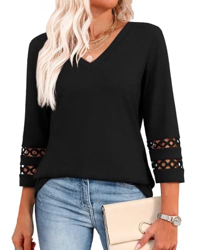 Image of Aokosor Womens Tops 3/4 Length Sleeve Blouses Ladies V Neck T Shirts for Women UK Loose Casual Fit Size 18-20 Black