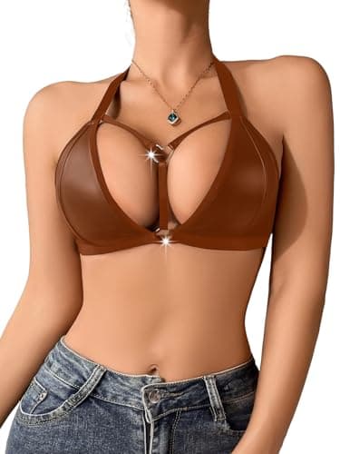Image of COOLOYA Women's PU Leather Bra Halter Racerback Triangle Bralettes Adjustable Straps Lingerie Rings Cut Out Crop Tops, Brown, M