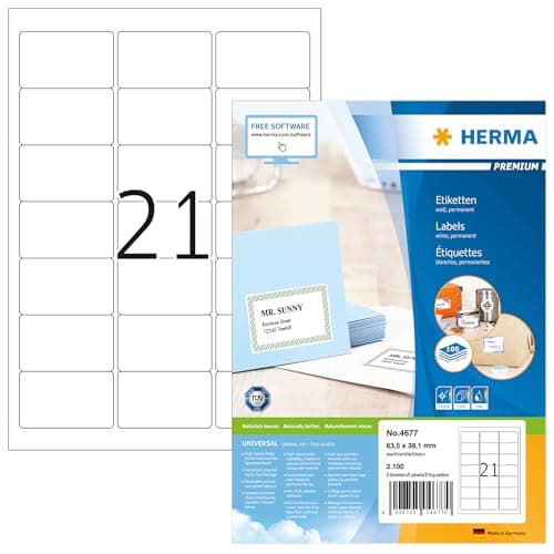 Image of HERMA Self Adhesive Address Labels, 21 Labels per A4 Sheet, 100 Sheets, 63.5 x 38.1 mm, 2100 Labels, Blank Mailing Labels Stickers, Sticky Labels for Laser & Inkjet Printer, White