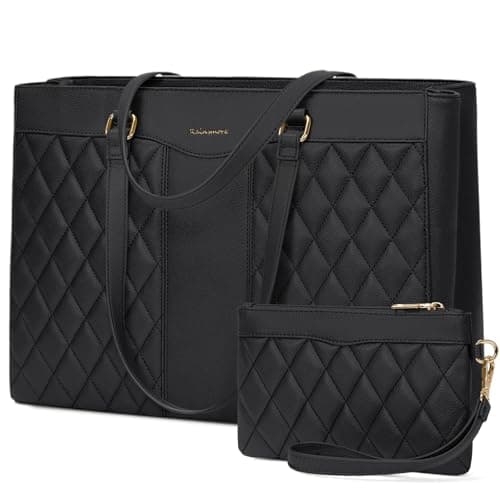 Image of RAINSMORE Laptop Bags for Women 15.6 Inch Work Tote Bags with Clutch, Waterproof PU Leather Ladies Laptop Handbags for Office Business College Black