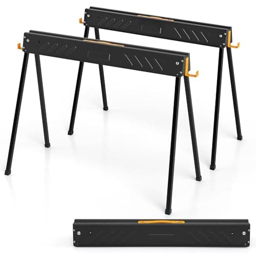 Image of COSTWAY Folding Saw Horse Twin Pack, Heavy Duty Work Bench with 2 x 4 Support Arms & Carry Handle, Fully Assembled Trestle Stands Sawhorse, Max Load 454kg/1000kg (1000kg, Black, Metal, 94x47x74cm)