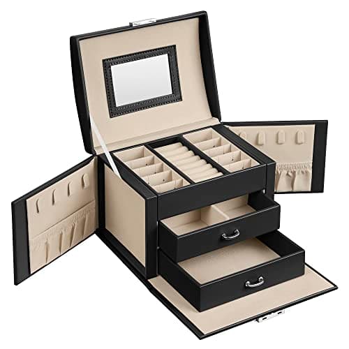 Image of SONGMICS 3-Tier Jewellery Box, Lockable Jewellery Organiser with Handle, 2 Drawers, Travel Jewellery Case with Mirror, Jewellery Storage, Modern Style, Gift for Loved Ones, Classic Black JBC154B01