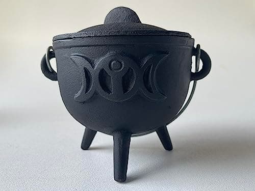 Image of Triple Moon Cast Iron Cauldron with Lid and Handle, Witches Cauldron, Great for Use with Charcoal Incense, Smudge Sage, 4.25"-4.5"