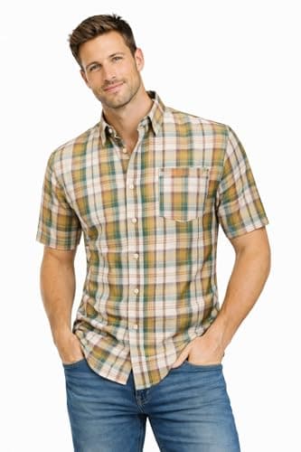 Image of Blu Apparel Men's Checked Shirt Mens Shirts Short Sleeve and Long Sleeve Cotton Casual Shirt for Men (UK, Alpha, XXL, Regular, Regular, Green/Brown)