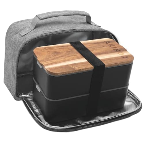 Image of akinod Bento Lunch Box for Adults - 1.4L Leakproof Lunchbox with Stackable Compartments, Microwave Safe, Insulated Bag & Acacia Cutting Board Lid - Meal Prep Container for Work, Travel & Fitness