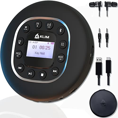 Image of KLIM Journey - Portable CD Player with Long-Lasting Battery - New - with Headphones - Radio FM - Compatible MP3 CD Player Portable - SD Card, FM Transmitter, Bluetooth - Ideal for Cars - Black