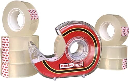 Image of Packatape Cellotape 9 Clear Transparent Rolls 18mm x 33m | Tape Dispenser Included | Ideal for Gift Wrap Christmas Birthday Home or Office | Clear Stationery Tape