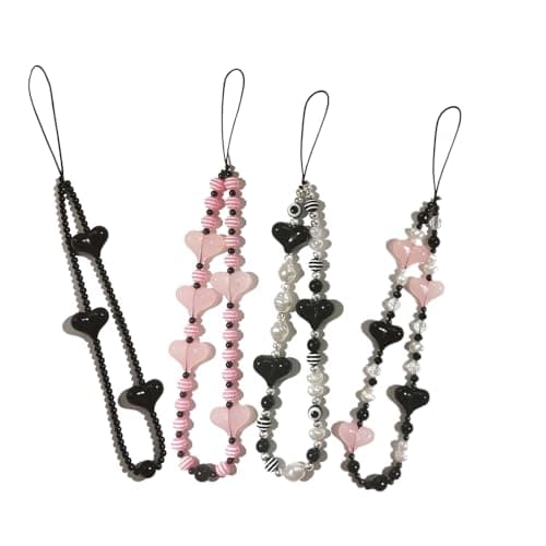 Image of Huipalon 4 Pcs Phone Charms Beaded Phone Strap Aesthetic Keychain Cute Pink Black Butterfly Heart Beads Strap Y2k Accessories Anti Lost Charm Beads for Women Girls