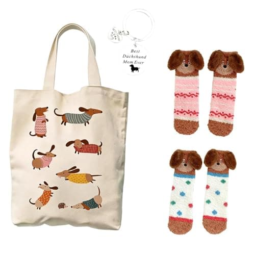 Image of 1 Dachshund Tote Bag, 2 Pairs Sausage Dog Socks, Dachshund Keyring Set - Cute Dog Lover Gifts for Women, Ladies & Girlfriend, Birthday Present