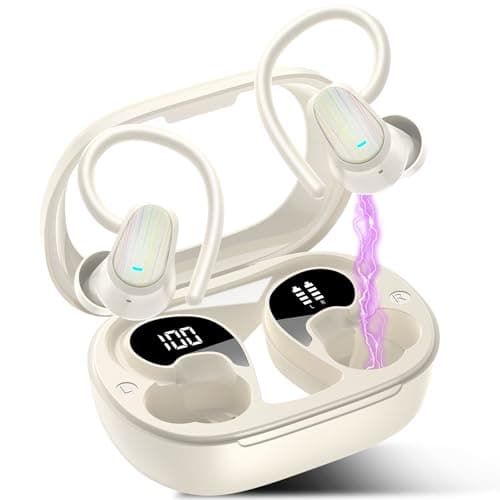 Image of OYIB Wireless Earbuds, 2025 Bluetooth 5.4 Headphones HiFi Stereo Sound with 4 ENC Mic, 50H Playtime Wireless Headphones with Earhooks, LED Display, IP7 Waterproof Earphones for Sport/Gym, White