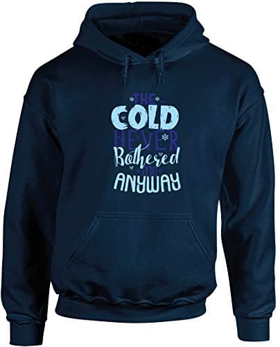 Image of Hippowarehouse The Cold Never Bothered me Anyway Unisex Hoodie Hooded top (Specific Size Guide in Description) Navy Blue