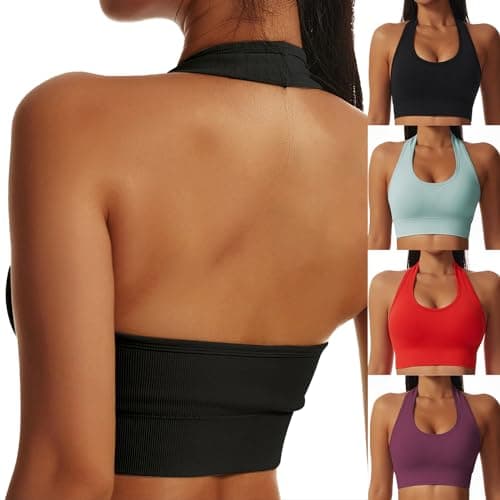 Image of Litthing Backless Sports Bra Women Halter Neck Seamless Bralette Middle Impact Support Padded Bras Comfort Wireless Gym Tank Tops Yoga Workout Sexy Crop Top Black