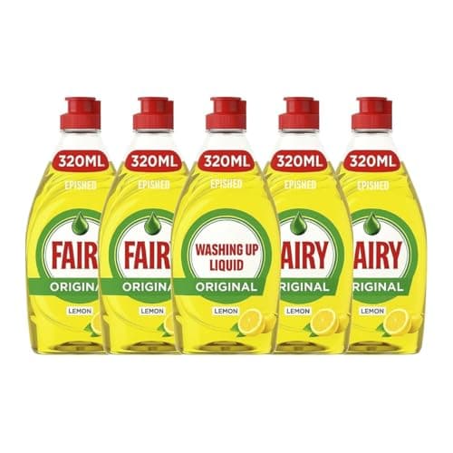 Image of 5 X Fairy Lemon Washing Up Liquid 320ml Bottles Powerful Grease-Cutting Dishwashing Liquid Concentrated Formula Long-Lasting Fresh Scent Gentle on Hands Kitchen Cleaning Essential
