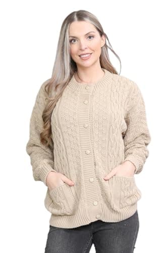 Image of Pretty Attitude Women Winter Chunky Cable Knit Ladies Long Sleeve Aran Crew Neck Warm Cardigan (Beige Aran Bw, 16)
