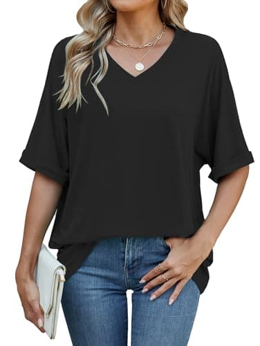 Image of Famulily Women's Summer T Shirt Short Sleeve Top Casual V Neck Black Tee Shirt for Women Loose Fitted (XXL, Black)