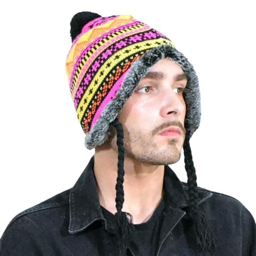 Image of Basic Sense Peruvian Winter Hats with Tassle Snowflake Fleece-Lined Warm for Unisex Men Women, 116 - Neon Pink
