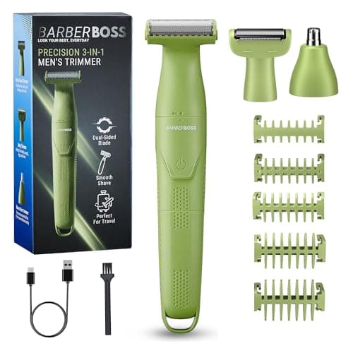 Image of BarberBoss 3-in-1 Men’s Precision Trimmer, Beard and Hair Grooming Kit for Men, Body Groomer, Nose & Ear Trimmer, Rechargeable Cordless Shaver with USB Charging, 3-in-1 Men’s Shaver (Green)