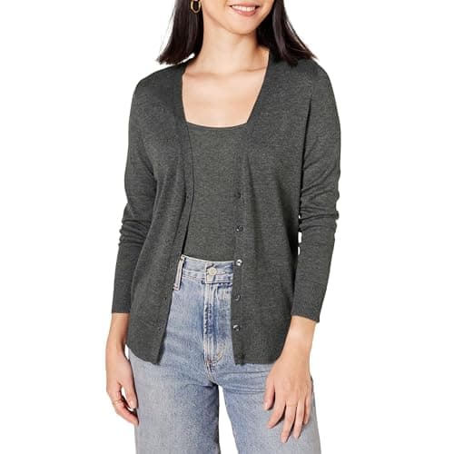 Image of Amazon Essentials Women's Lightweight V-Neck Cardigan (Available in Plus Size), Charcoal Heather, XS