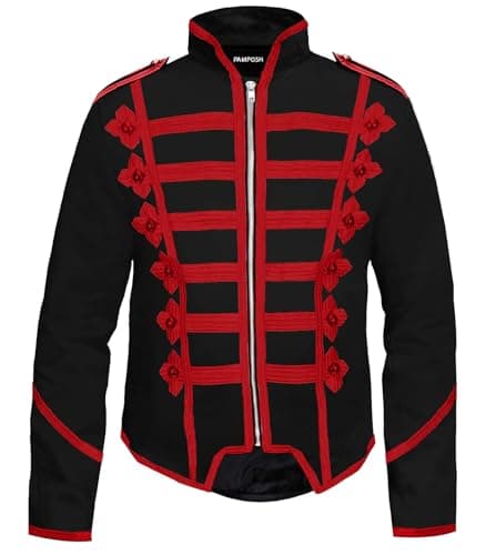Image of Pamposh Steampunk Hussar Military Drummer Parade Jackets - Emo Punk Mens Jackets - Napoleon Gothic Clothing - Marching Band Jackets (UK, Alpha, L, Regular, Regular, Black & Red)