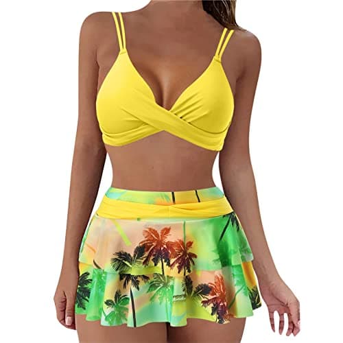 Image of Eauptffy Women's Bikini Set Push Up Crossover Bikini Spaghetti Straps Swimwear Tropical Pattern Pleated Swimming Skirt with Inner Briefs Two Piece Swimsuit High Waist Beach Wear, O yellow, L