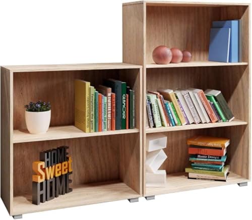 Image of CASARIA® 2x Vela Bookcases | 3 & 2 Tier Compartments Cube Bookshelf | Wooden Storage Rack Bookcase | Modern Shelving | Books Stand Shelf | Any Room Office | 77x60x28cm | Oak Effect