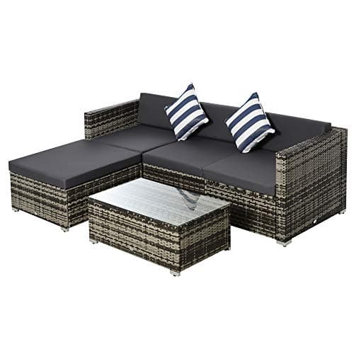 Image of Outsunny 5 Pieces Outdoor PE Rattan Patio Furniture Set, 4 Seater Garden Sectional Sofa with Glass Top Coffee Table, Metal Frame, Cushion, Pillows, Grey