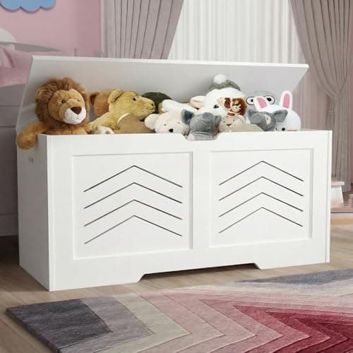Image of Blisswood Toy Box, Wooden Storage Chest, Large Blanket Box with Lid & Safety Hinges, Storage Bench & Toy Storage Organizer for Kids, Boys & Girls, Baby Toybox for Bedroom, Playroom (White)